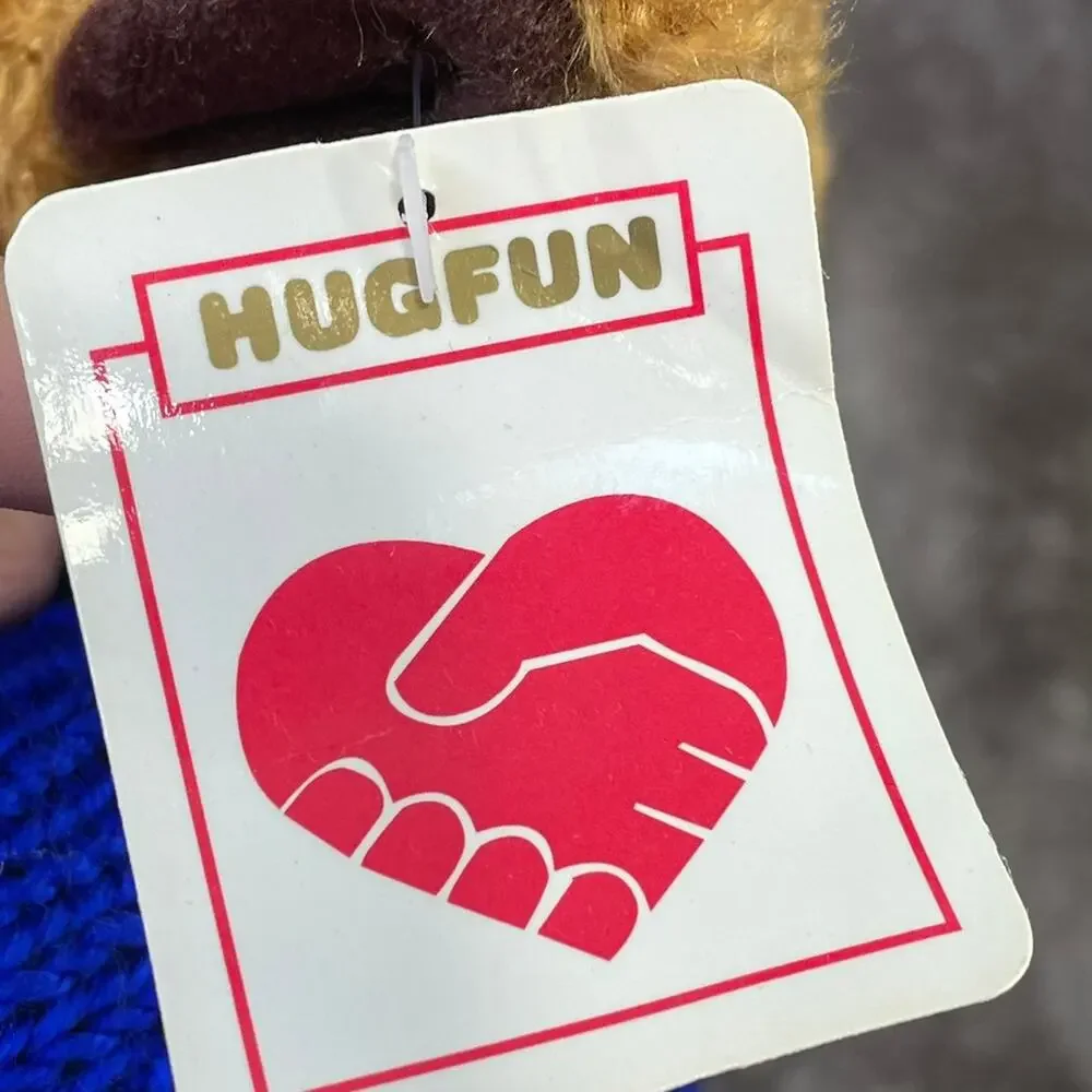 Vintage Reindeer Plush Moose Brown Curly Hair Blue Sweater 15” HugFun Toy TAGS